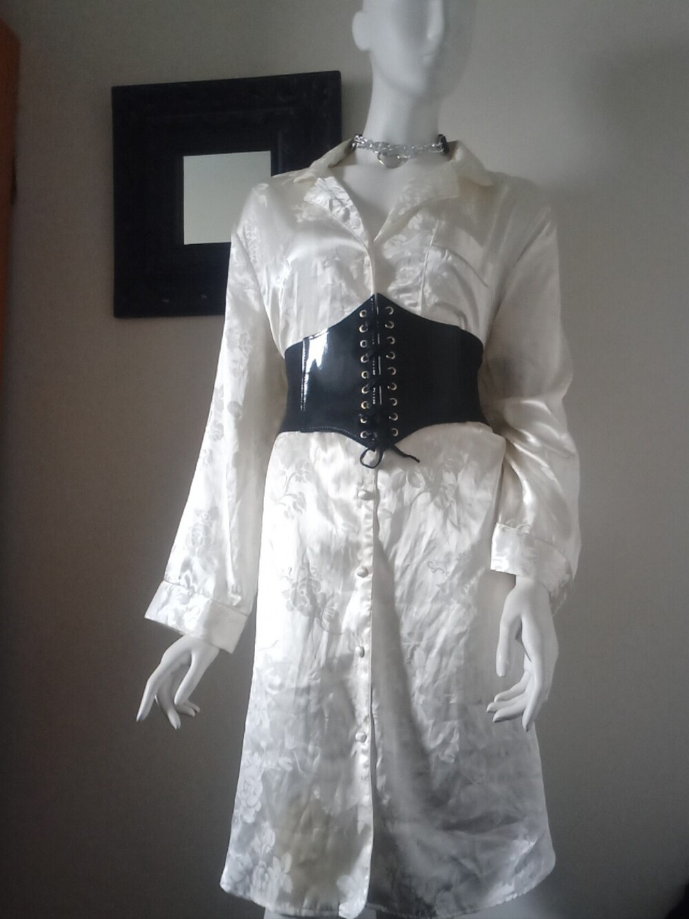 Satin Button-Front Shirt Dress Ivory